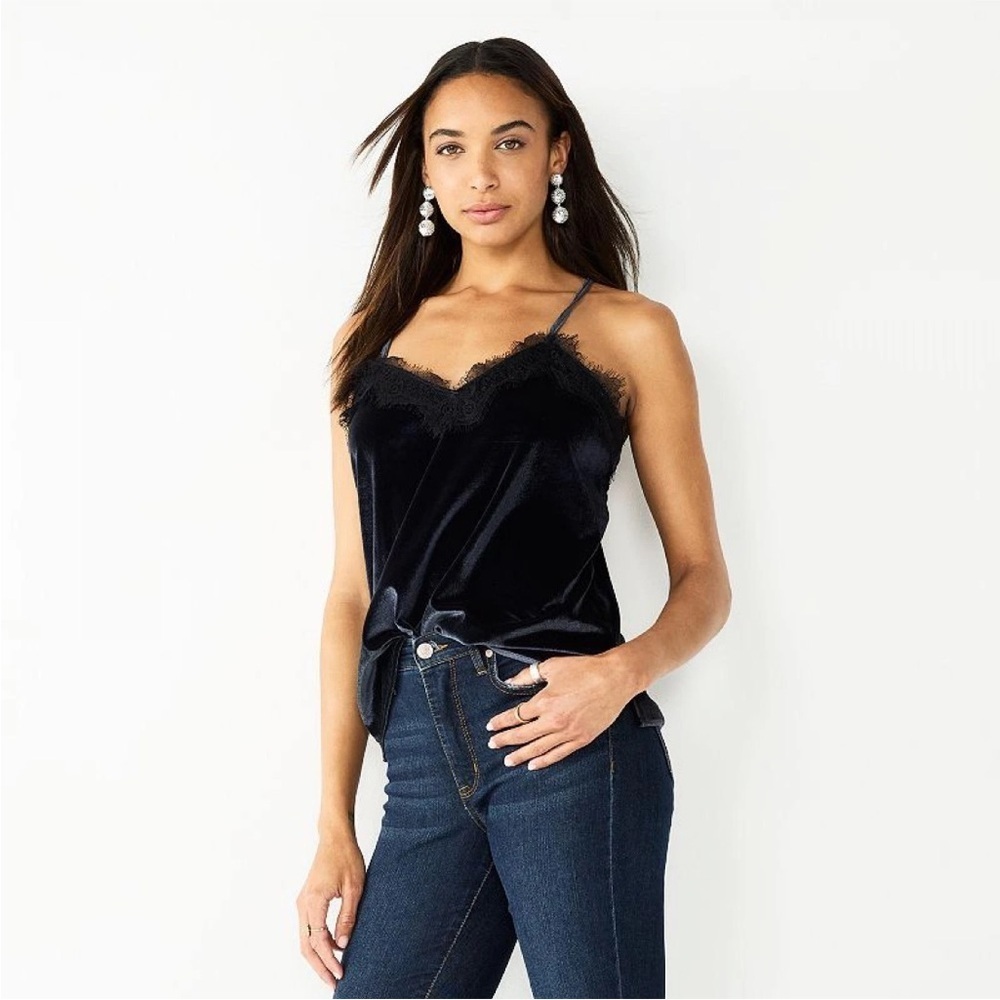NWOT Elegant Black Velvet with Black Lace Trim Camisole Adjustable Straps